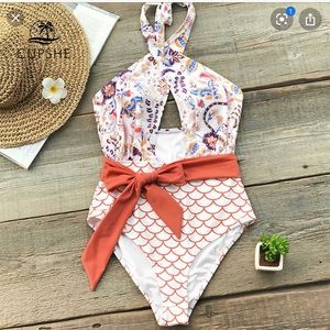Cupshe Orange/floral One Piece Bathing Suit- new